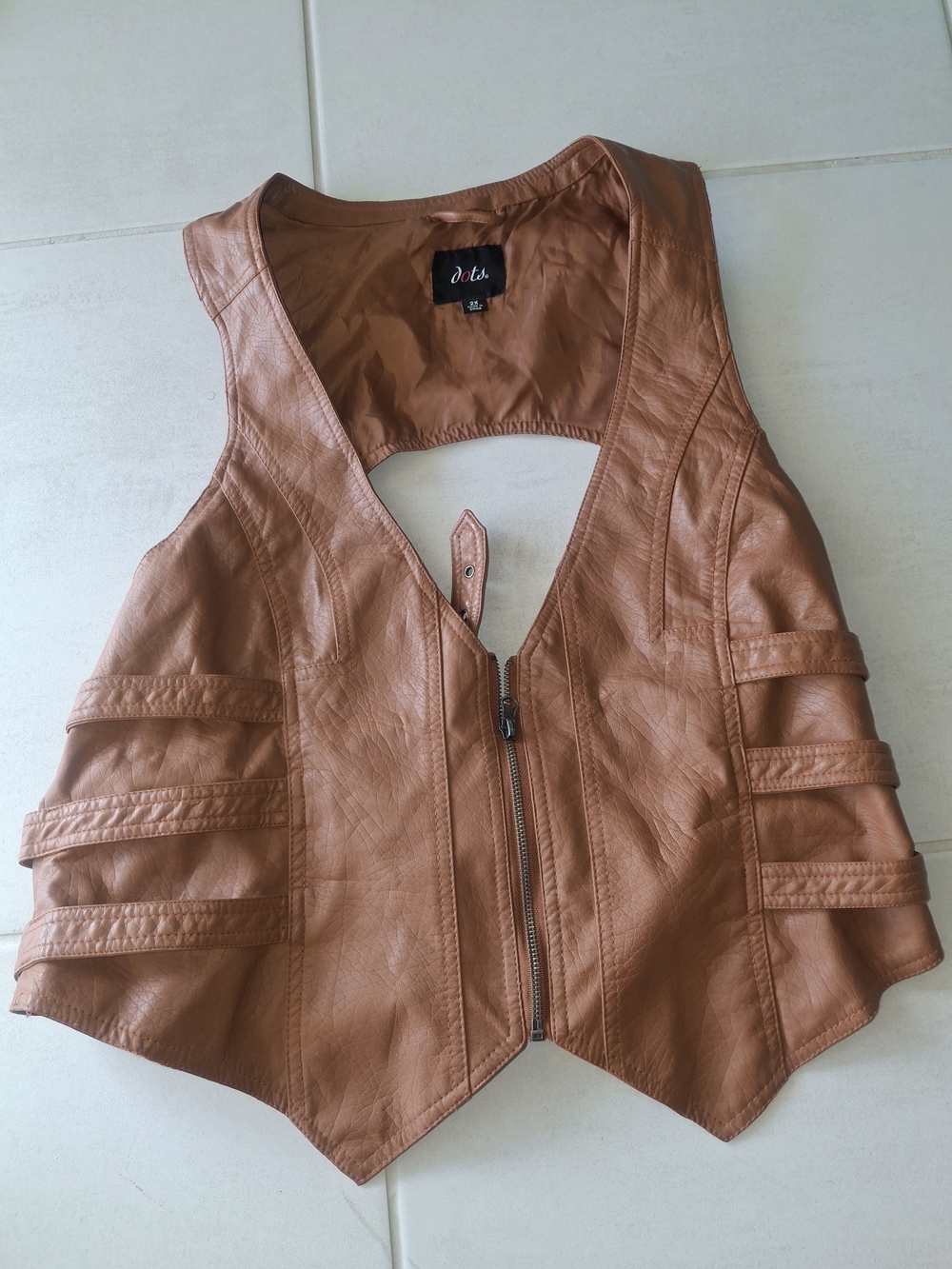 Dots Tan Faux Leather Sleeveless Zip Vest